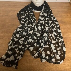 5/$15 Cejon Sheer Black & Off-White Hearts & Dots Print Scarf
